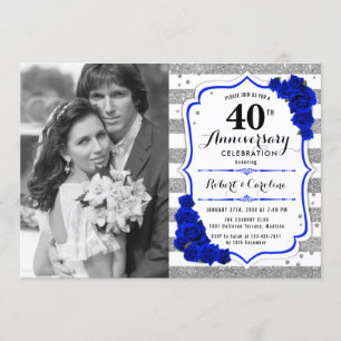 40th Anniversary with Photo - Sapphire Blue Silver Invitation