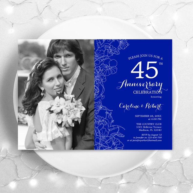 40th Anniversary With Photo Sapphire White Floral Invitation (Creator Uploaded)