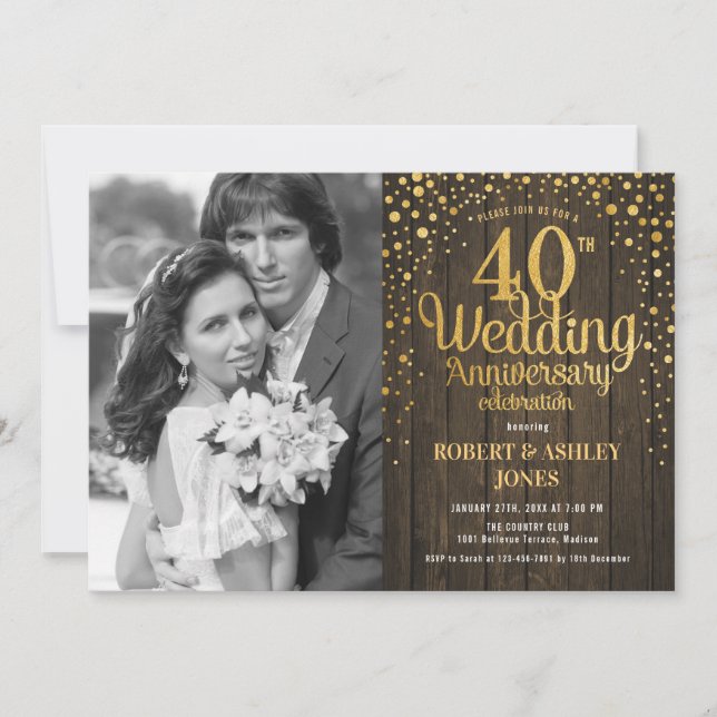 40th Anniversary with Photo - Wood Gold Invitation (Front)