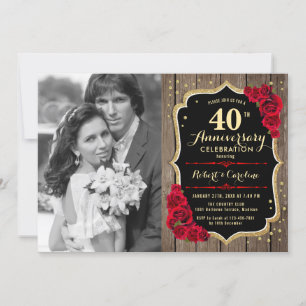 40th Anniversary with Photo - Wood & Red Roses Invitation