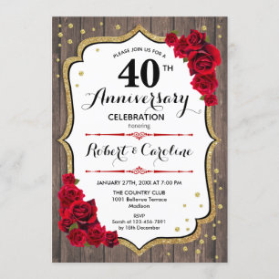 40th Anniversary - Wood Red Gold Invitation