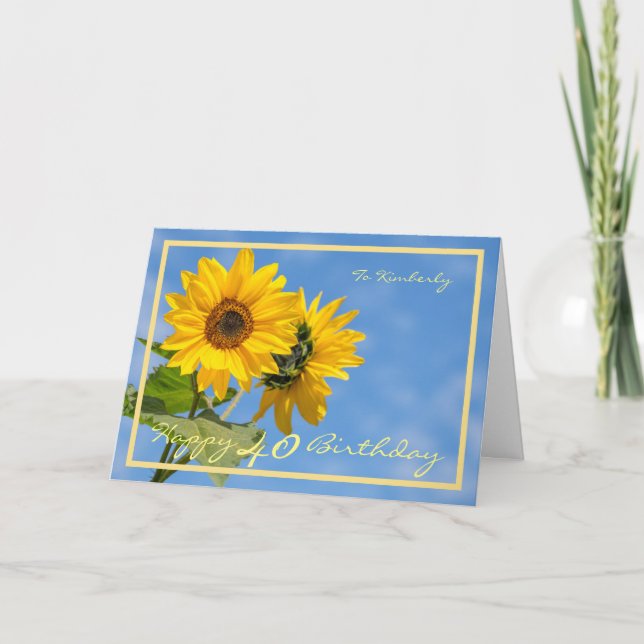 40th Bday Kimberly Sunflowers Elegant Gold Frame Card (Front)