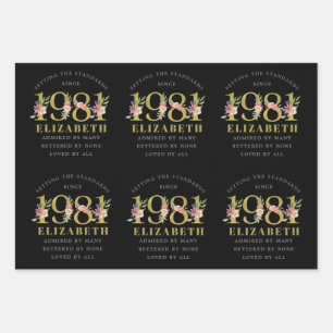 40th Birthday 1981 Black Gold Floral Personalised Wrapping Paper Sheet