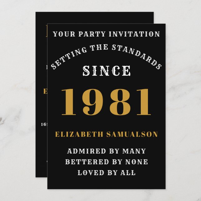 40th Birthday 1981 Black Gold Personalised For Her Invitation (Front/Back)