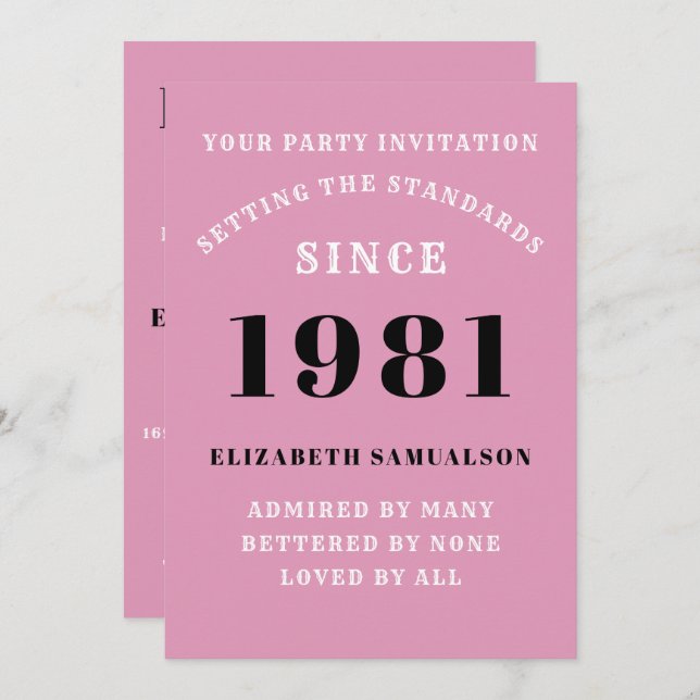 40th Birthday 1981 Black Pink Personalised For Her Invitation (Front/Back)