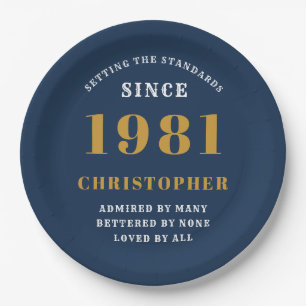 40th Birthday 1981 Blue Gold For Him Personalised Paper Plate