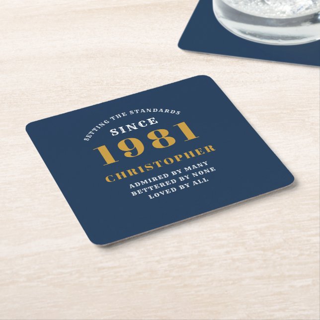 40th Birthday 1981 Blue Gold For Him Personalised Square Paper Coaster (Angled)