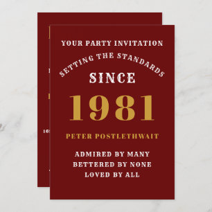40th Birthday 1981 Red Gold Personalised For Him Invitation