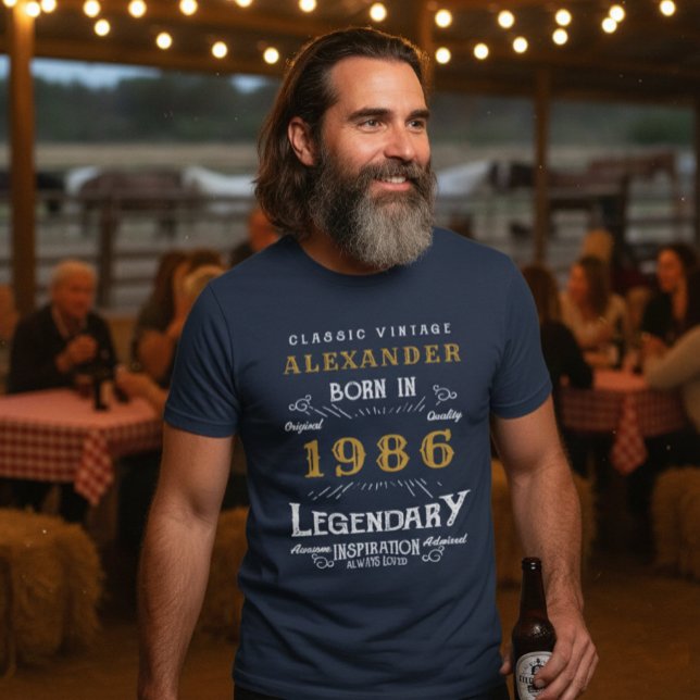 40th Birthday 1982 Add Name Blue Gold Legendary T-Shirt (1986 birthday t-shirt worn by a man at a barn party.)