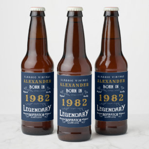 40th Birthday 1982 Add Name Vintage Blue Gold Beer Bottle Label