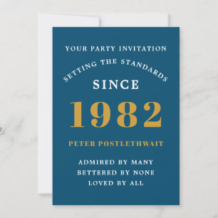 40th Birthday 1982 Blue Gold Elegant Chic  Invitation