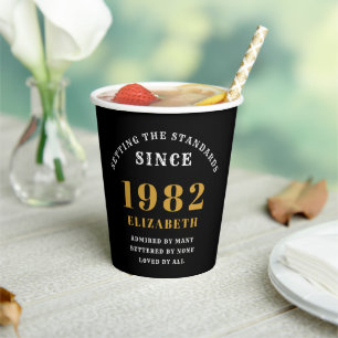 40th Birthday 1982 Elegant Black Gold Chic Paper Cups