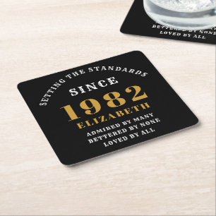40th Birthday 1982 Elegant Black Gold Chic Square Paper Coaster