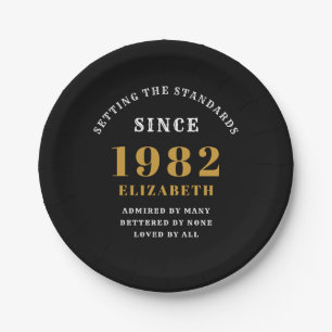 40th Birthday 1982 Elegant Chic Gold Black Paper Plate