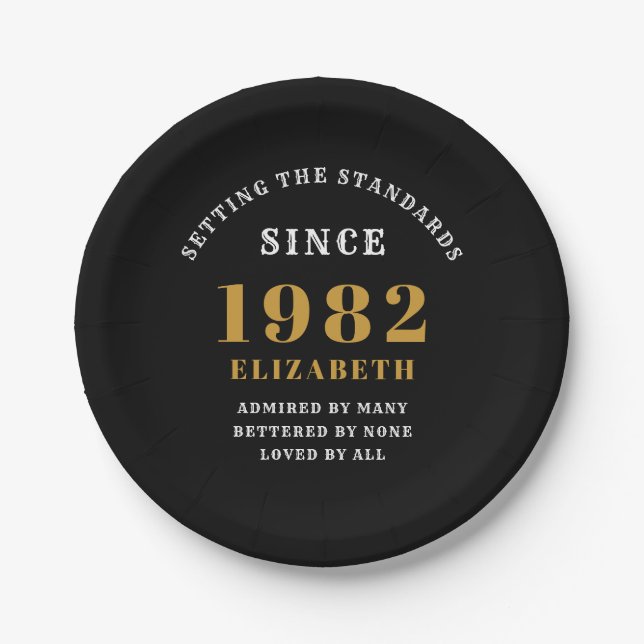 40th Birthday 1982 Elegant Chic Gold Black Paper Plate (Front)