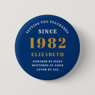 40th Birthday 1982 Elegant Gold Blue Chic 6 Cm Round Badge