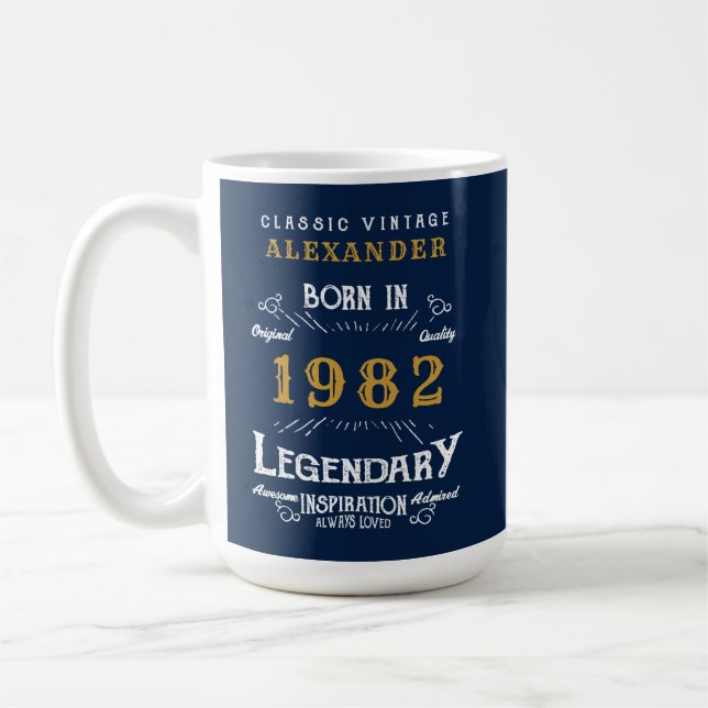 40th Birthday 1982 Name Legendary Blue Gold Large Coffee Mug (Left)