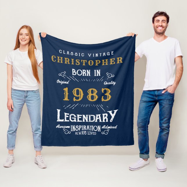 40th Birthday 1983 Add Name Legend Retro Blue Gold Fleece Blanket (In Situ)
