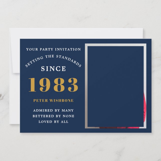 40th Birthday 1983 Name Photo Blue Gold Invitation (Front)