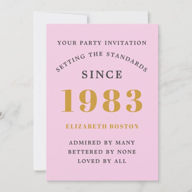 40th Birthday 1983 Pink Grey Add Name Year Invitation (Front)