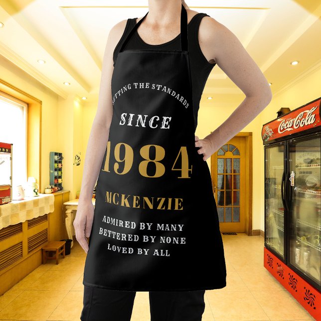 40th Birthday 1984 Name Chic Elegant Black Gold Apron (Elegant Black & Gold Chic Apron - 40th Birthday 1984 Name Personalized Kitchen & BBQ Essentials.)