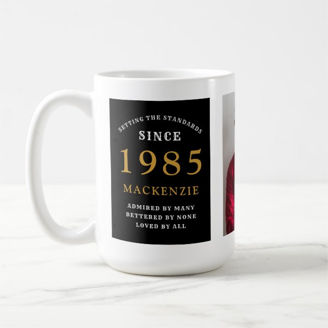 40th Birthday 1985 Black Gold Add Name Photo Large Coffee Mug (Left)