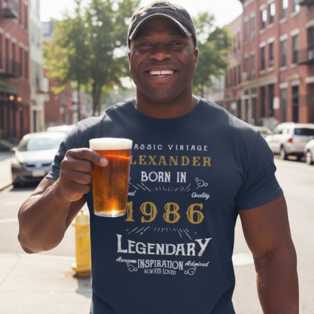 40th Birthday 1986 Add Name Blue Gold Legendary T-Shirt (1986 blue t-shirt with a street backdrop)