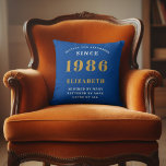 40th Birthday 1986 Add Name Blue Gold Personalized Cushion<br><div class="desc">Celebrate a remarkable milestone with this elegant and modern Personalized 40th Birthday Throw Pillow, the perfect gift for someone born in 1986 This custom accent pillow features the striking, bold text "BORN 1986", for that person loved for 40 years (and counting)" and allows you to add a custom name (e.g.,...</div>