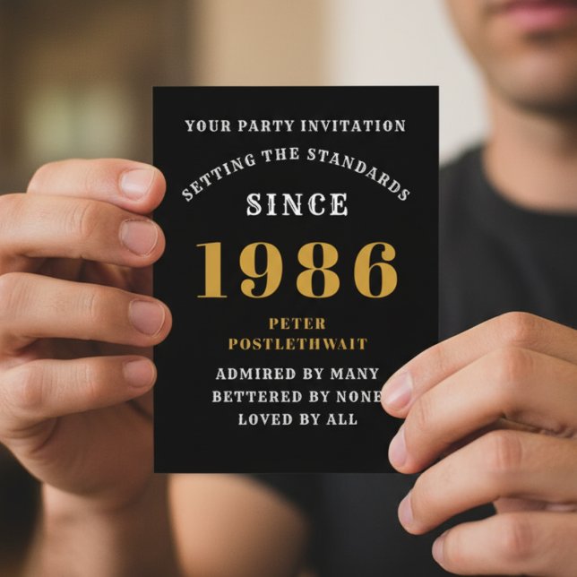 40th Birthday 1986 Black Gold Invitation Postcard (Postcard party invitation held in two hands)