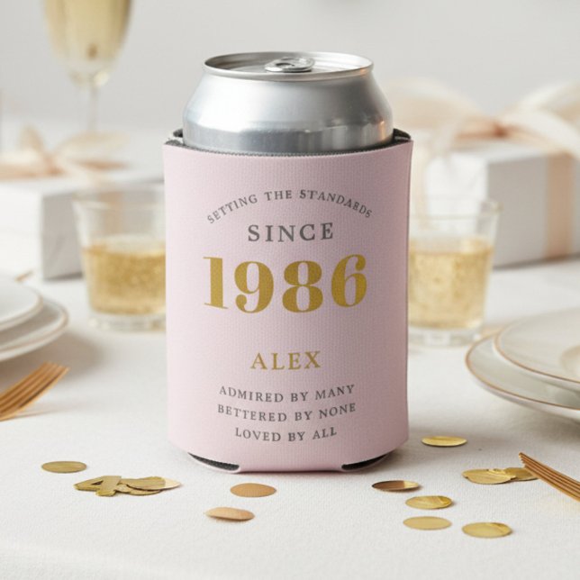 40th Birthday 1986 Keepsake Elegant Personalised Can Cooler (1986 pink can cooler with white background)