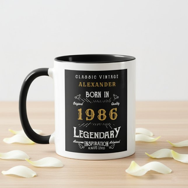 40th Birthday 1986 Legend Retro Black Personalized Mug (Born 1986 birthday gift mug. Grey background wood top with petals.)