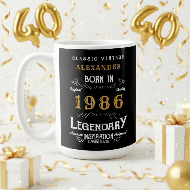 40th Birthday 1986 Legendary Retro Coffee Mug (1986 coffee mug with a white and gold background)