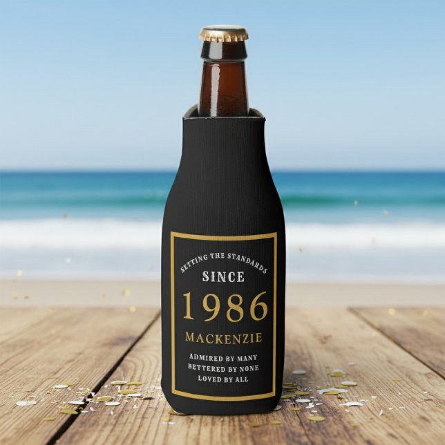 40th Birthday 1986 Name Elegant Chic Black Gold Bottle Cooler (Born 1986 bottle cooler. Beach background.)