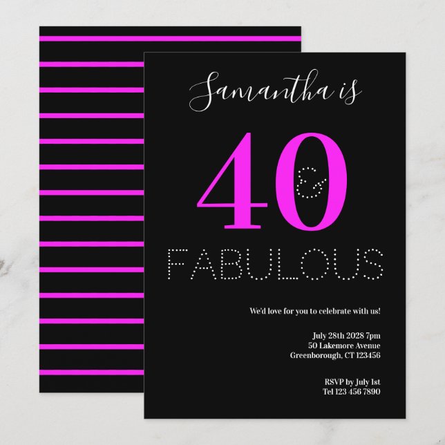 40th Birthday 40 Fabulous Neon Pink Party Invitation (Front/Back)