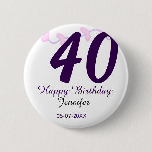 40th birthday add name date year purple floral pin