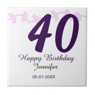 40th birthday add name date year purple floral pin ceramic tile