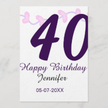40th birthday add name date year purple floral pin