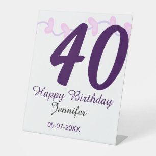 40th birthday add name date year purple floral pin pedestal sign