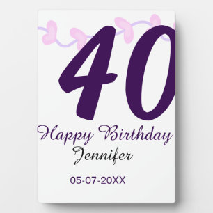 40th birthday add name date year purple floral pin plaque