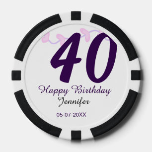 40th birthday add name date year purple floral pin poker chips