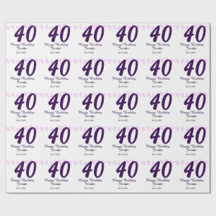 40th birthday add name date year purple floral pin wrapping paper
