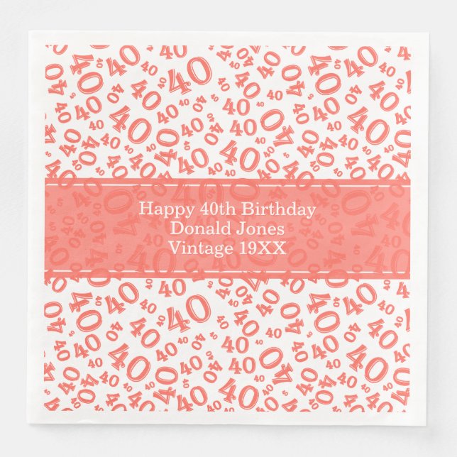 40th Birthday Age Number Pattern Coral/White Napkin (Front)