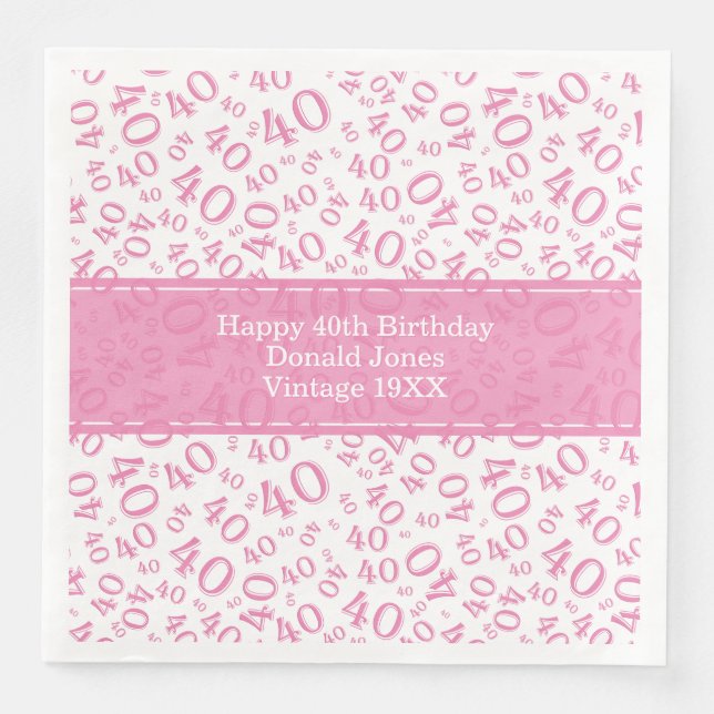 40th Birthday Age Number Pattern Pink/White Napkin (Front)