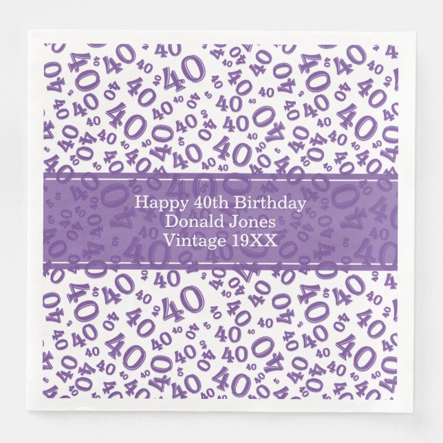 40th Birthday Age Number Pattern Purple/White Napkin (Front)