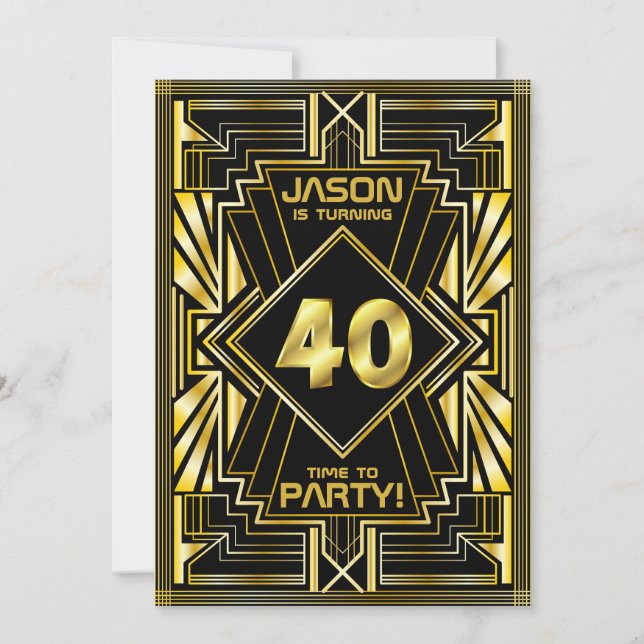 40th Birthday Art Deco Gold Black Great Gatsby Invitation (Front)
