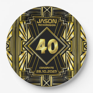 40th Birthday Art Deco Gold Black Great Gatsby Paper Plate