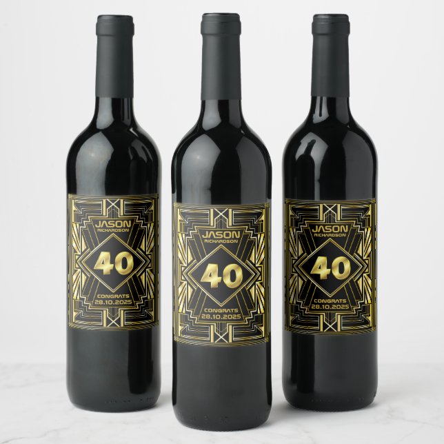 40th Birthday Art Deco Gold Black Great Gatsby Wine Label (Bottles)