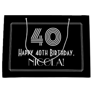 40th Birthday — Art Deco Inspired Look "40" & Name Large Gift Bag