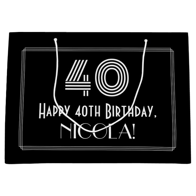 40th Birthday — Art Deco Inspired Look "40" & Name Large Gift Bag (Front)