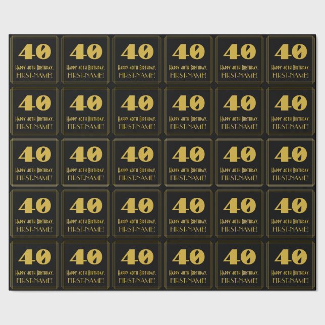 40th Birthday – Art Deco Inspired Look "40" & Name Wrapping Paper (Seam)